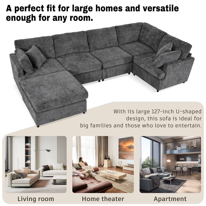 U-Shaped Sectional Sofa with Movable Ottoman, 6 Piece Chenille Sofa Set, Pine Wood Frame Convertible Modular Corner Couch