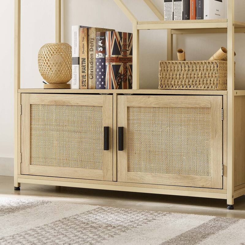 Rattan bookshelf 5 tiers Bookcases Storage Rack with cabinet for Living Room Home Office