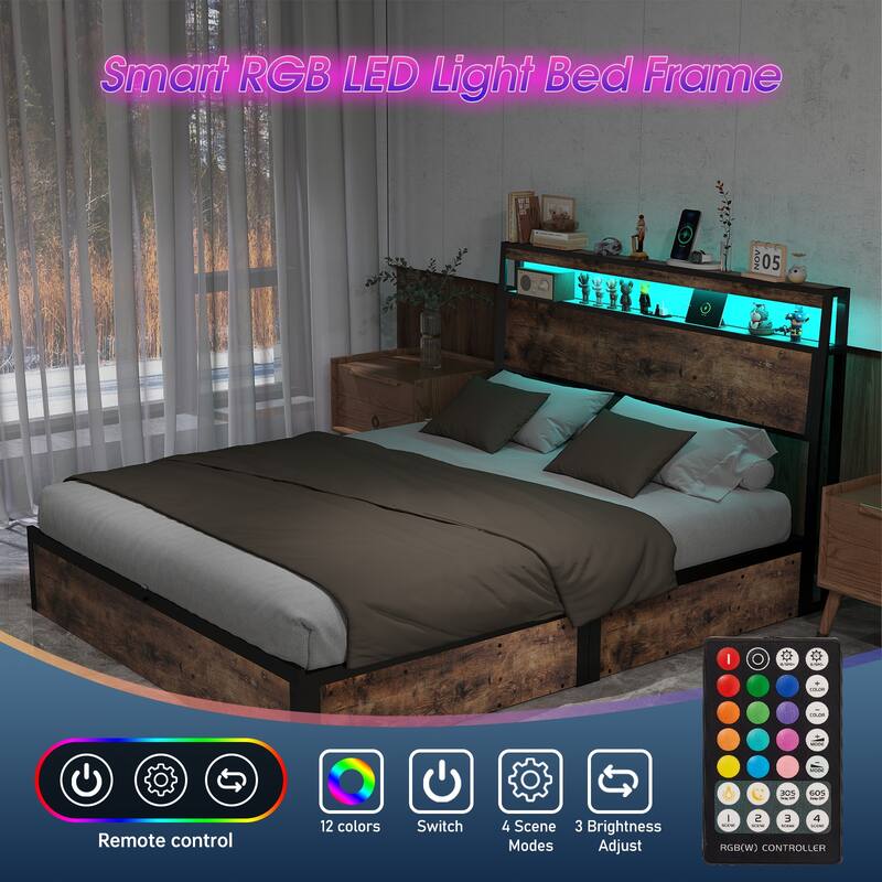 Rustic Brown Platform Bed Hydraulic Lift Storage Bed Frame, RGB LED Headboard with Charging Station, No Box Spring Needed