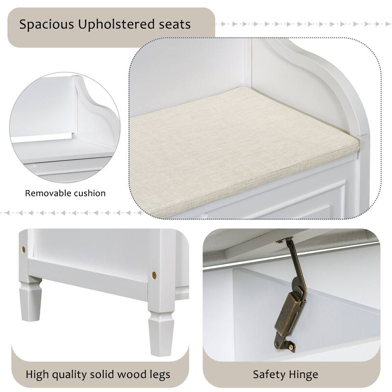 Shoe Storage Bench with Safety Hinge for Entryway, Rustic Style Multifunctional Storage Bench with 2 Cabinets for Living Room