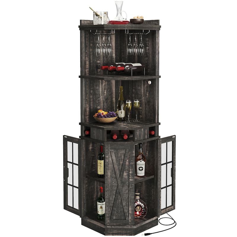 72" Tall Farmhouse Corner Bar Cabinet with Glass Door & LED Lights - Black - 72" Tall