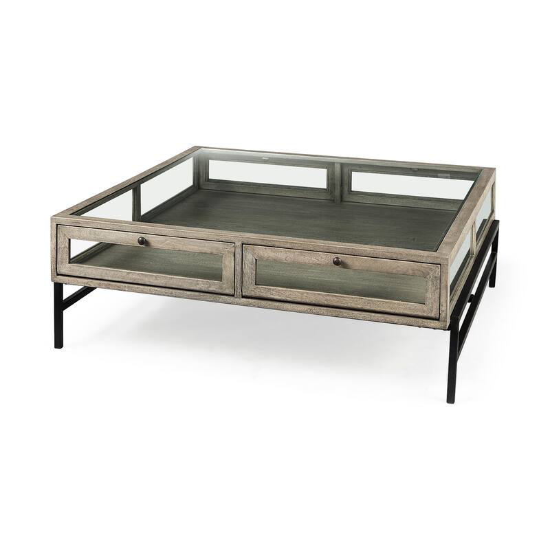 Arelius Light Brown Solid Wood w/ Black Iron Base Square Display Coffee Table