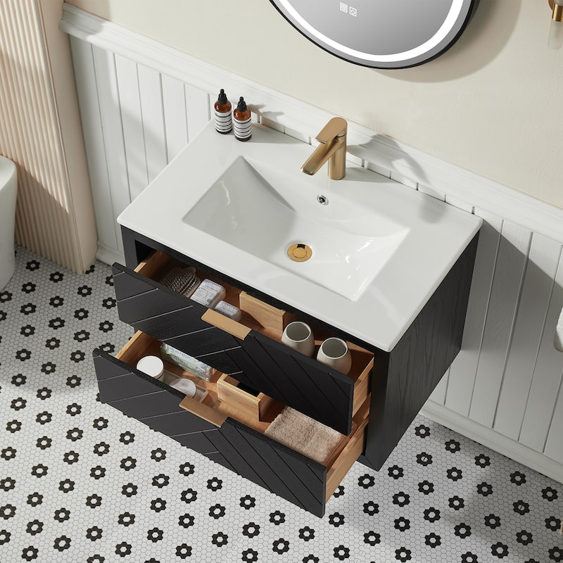 GDFStudio - Modern 30" Wall-Mounted Bathroom Vanity with Engineered Carrara Marble Top & Integrated Sink, Fully Assembled