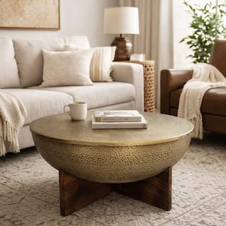 Arden Coffee Table, Round Hammered Metal Top, Mango Wood Base, Antique Brass