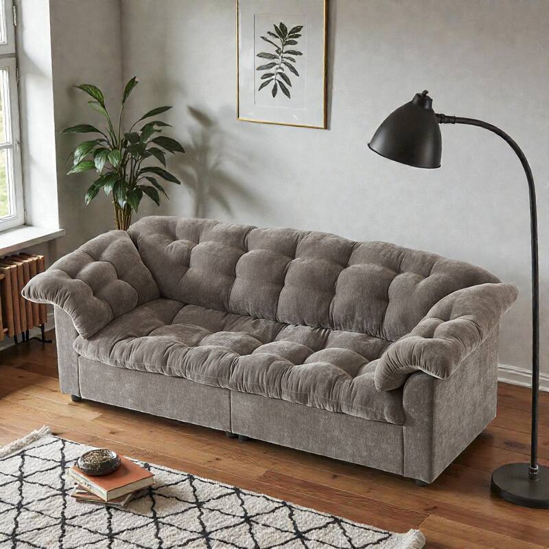 94.8" Chenille Deep Seat Sofa, Modern Cloud-Like Upholstered 3-Seater Couch for Living Room, Bedroom, Office & Apartments - Grey