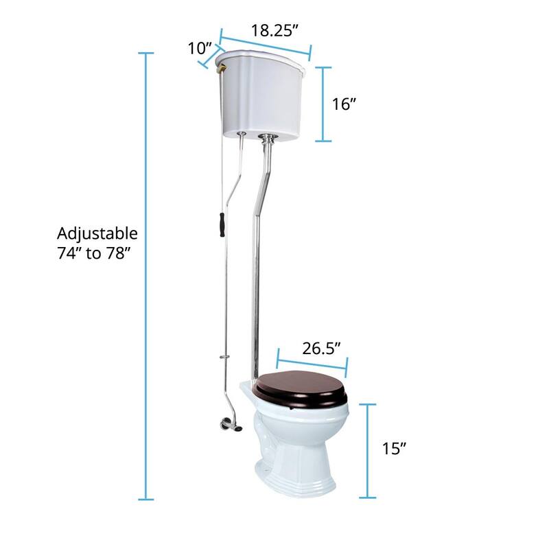 High Tank Toilet - White Ceramic Tank, Round White Bowl and Chrome L Pipes Renovators Supply - White