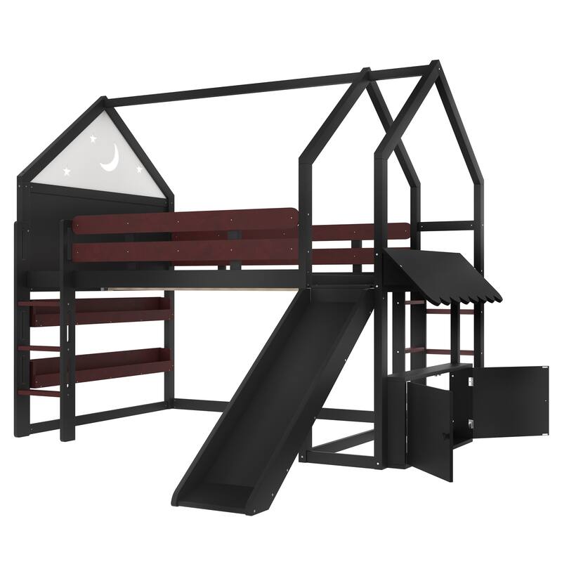 Full Size Loft Bed with Bookshelf, Playful Design for Kids, House-Shaped Structure with Slide High-Quality Safety Rails