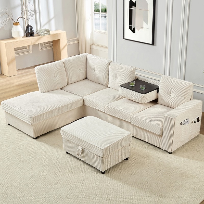 Mixoy 98’‘Multi-Functional Corduroy Upholstered Sofa Bed with Foldable Backrest Converts toTable,Cup Holde,Storage Ottoman
