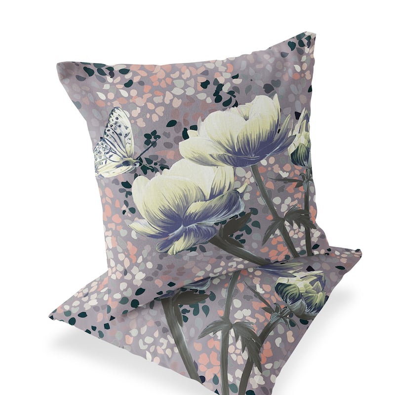 HomeRoots Set of Two 16" X 16" Gray and Yellow Butterfly Blown Seam Floral Indoor Outdoor Throw Pillow