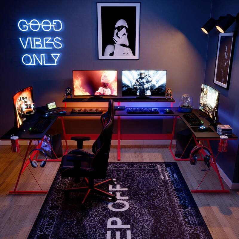 55 Inch Gaming Desk LED L Shaped Computer Corner Desk