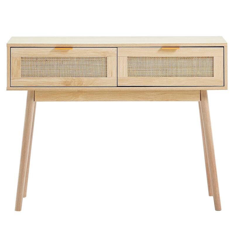 Rattan Console Table with Drawers & Sliding Door for Entryway, Natural - 39.37 × 11.81 × 29.33 in