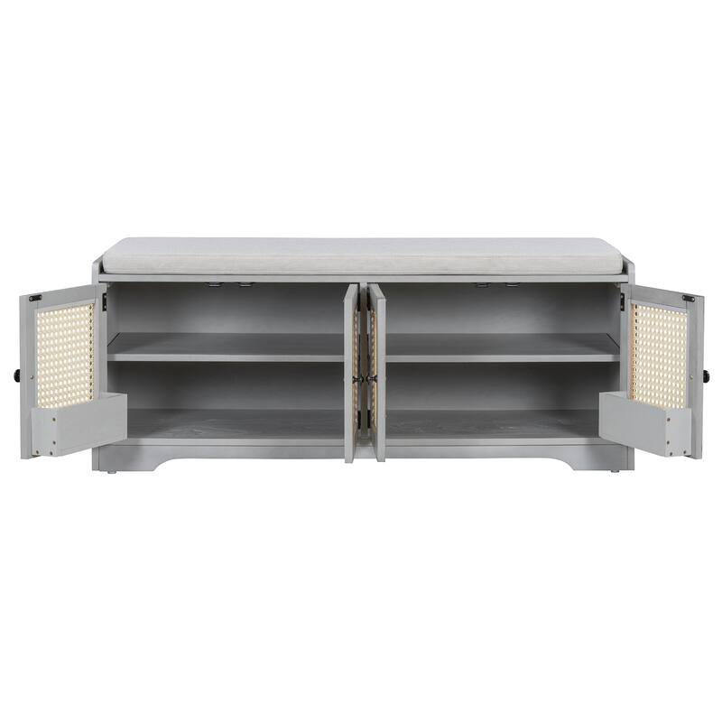 Roomfitters Large Entryway Storage Bench, Boho Rattan Cabinet, Shoe Organizer Seat, Adjustable Shelves