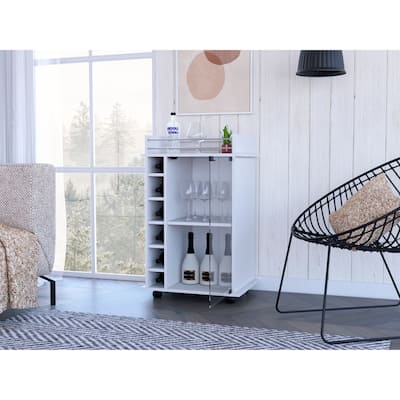 Bar Cart Baltimore, Six Wine Cubbies, Glass Door, Four Caster, Two Shelves, White Finish