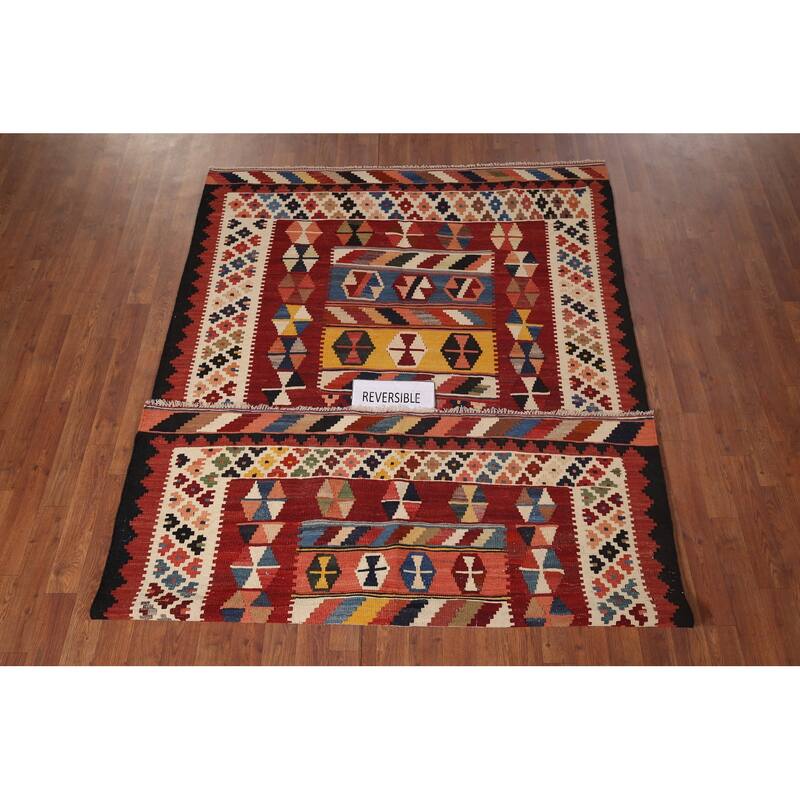 Vegetable Dye Red Kilim Qashqai Persian Vintage Hand-Woven Wool Carpet - 5'0"x 8'1"