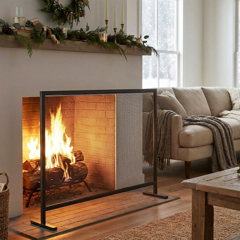 Roomfitters Regina 1-Panel Iron Fireplace Screen with Rectangular Frame, Black Finish
