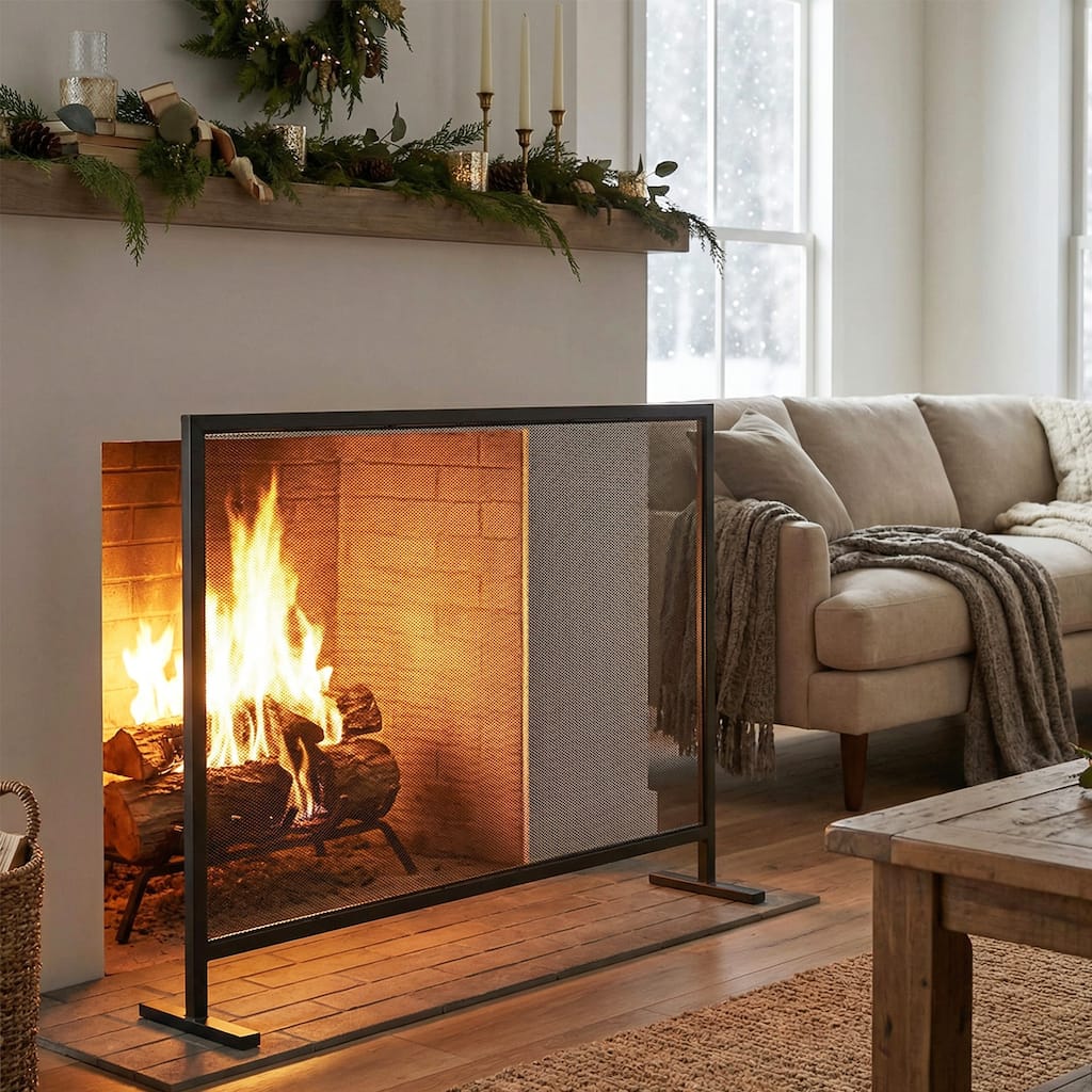 Roomfitters Regina 1-Panel Iron Fireplace Screen with Rectangular Frame, Black Finish