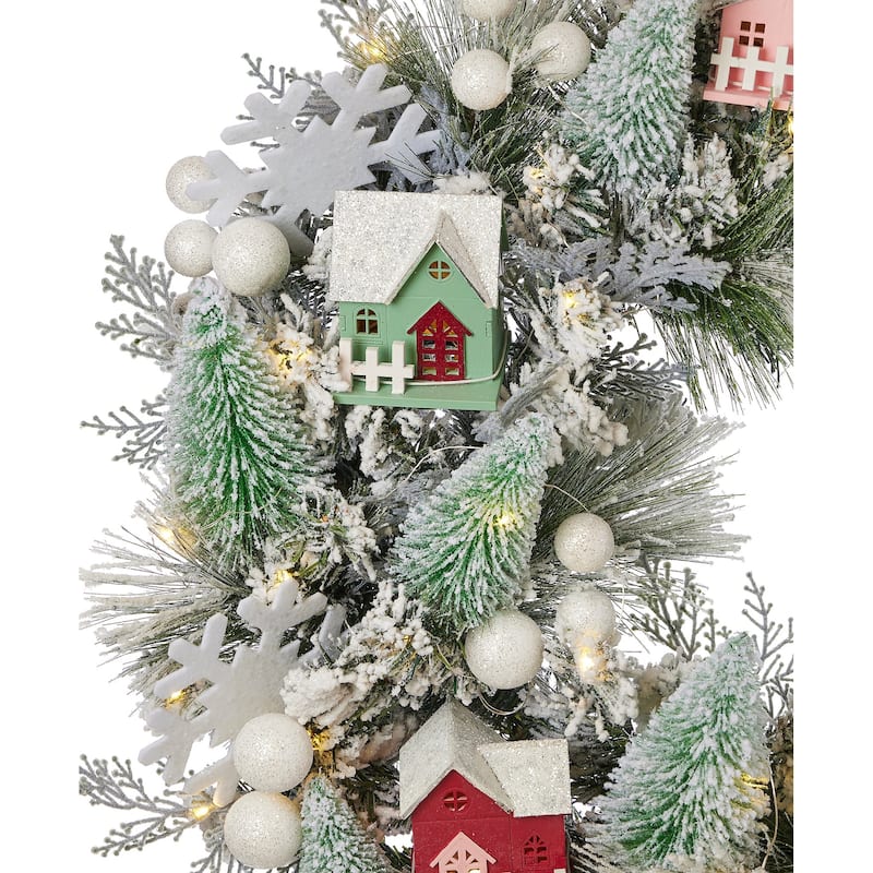 Snowy Cottage Wreath 26in Pre-Lit with 50 LED Fairy Lights B/O
