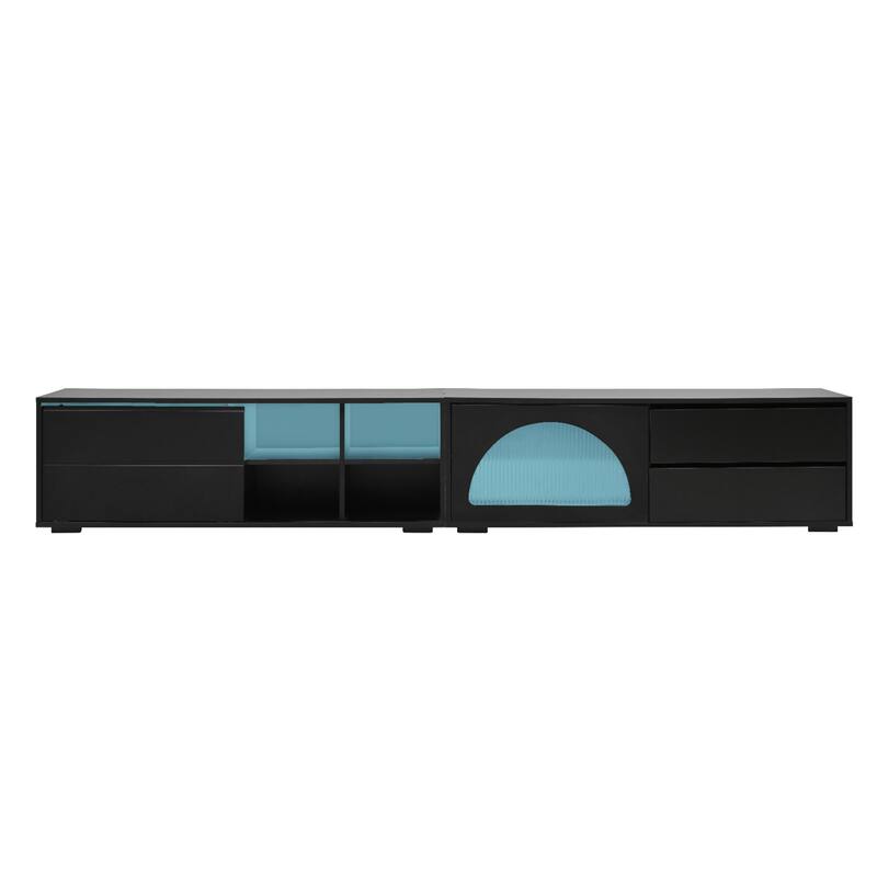 Modern APP TV Stand with Fluted Glass Door for TVs Up to 100", Media Console with Sliding Door & 2 Drawers, Adjust LED Light