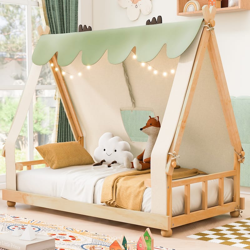 Whimsical Tent House Bed with Lights and Skylight by Harper&Bright Designs - White - Twin