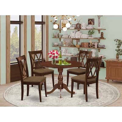HomeStock 5-Piece Mahogany Finish Solid Wood Top Dining table with 4 Chairs with Drop Leaf Lattice Back