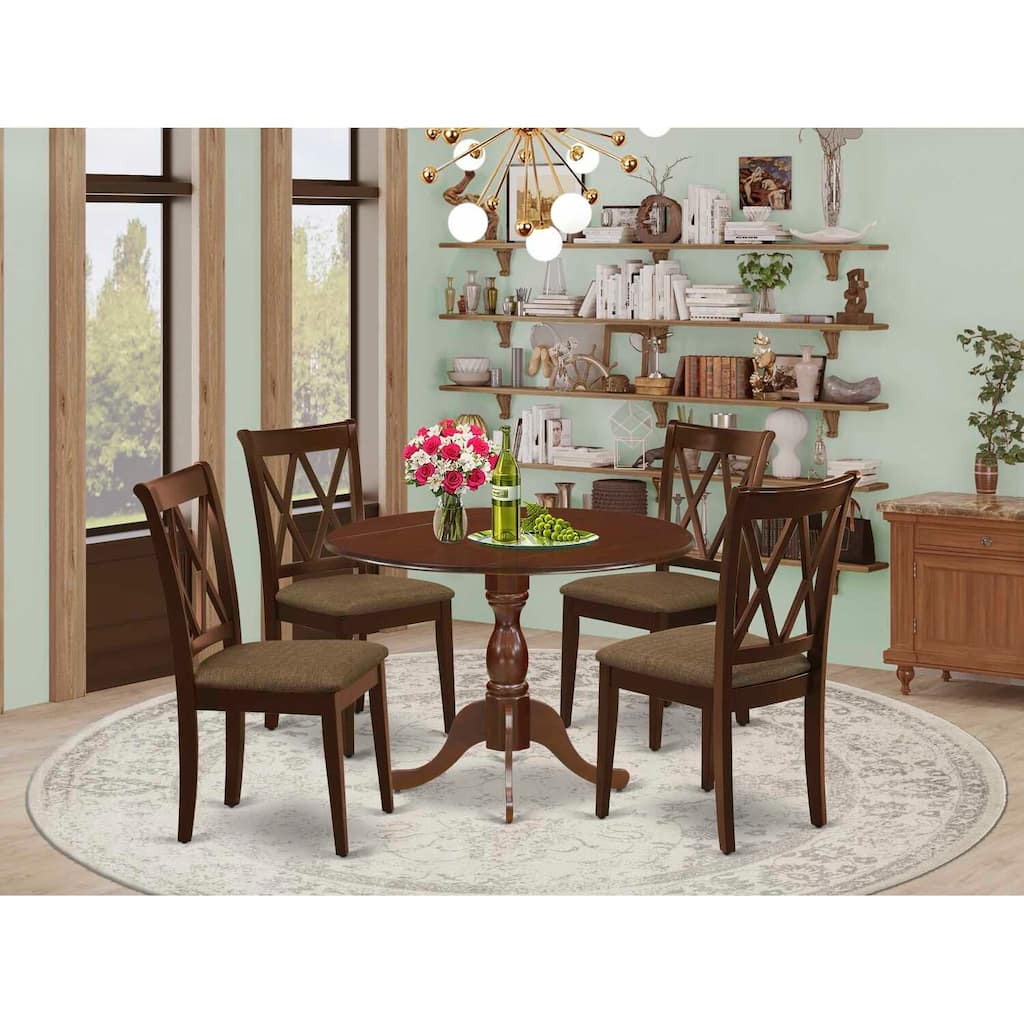HomeStock 5-Piece Mahogany Finish Solid Wood Top Dining table with 4 Chairs with Drop Leaf Lattice Back