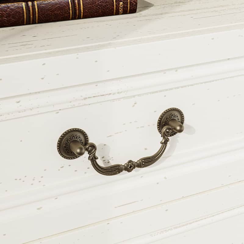 Farmhouse Nightstand with 2 Drawers, Open Shelf & Power Port, Rustic Bedside Table, Antique Brass Handles, White/Grey