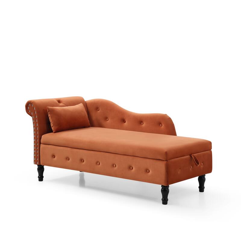 Orange Modern 60" Velvet Upholstered Buttons Tufted Chaise Lounge Chair with Solid Wood Legs and Storage
