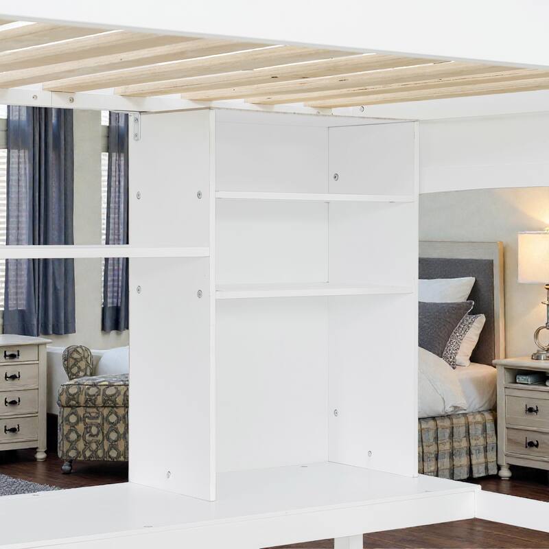 Twin Loft Bed with Desk and Storage Shelves, Solid Wood Loft Bed Frame with Ladder, Space Saving Design
