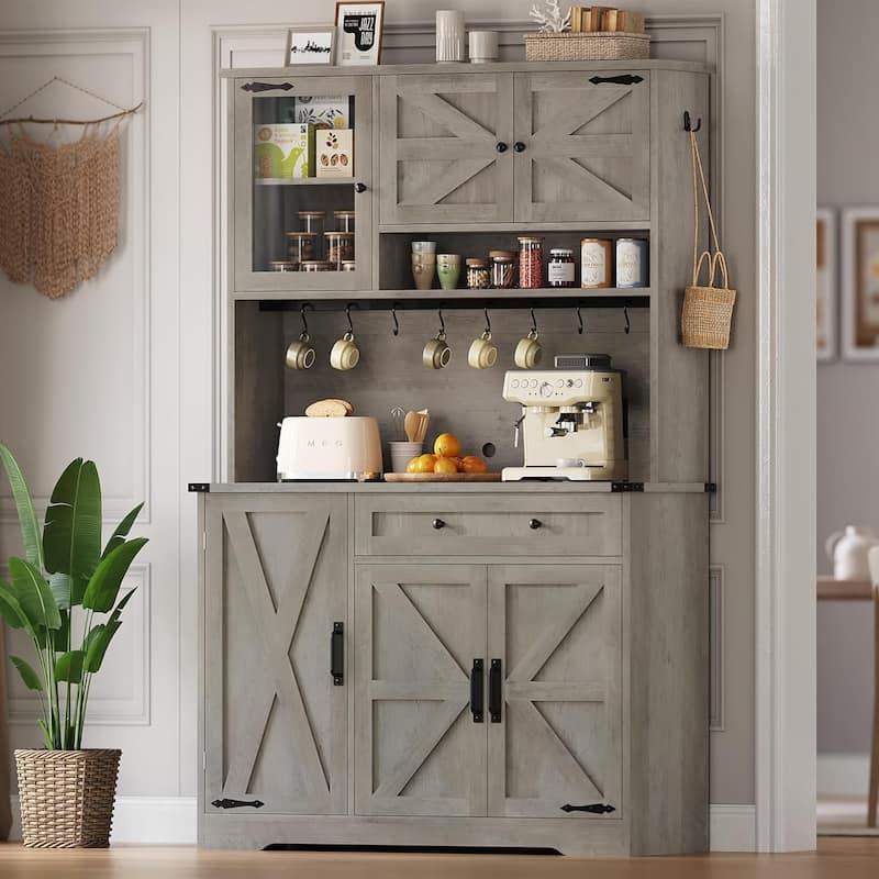 Farmhouse Kitchen Pantry Cabinet Drawer & Doors Adjustable Shelf