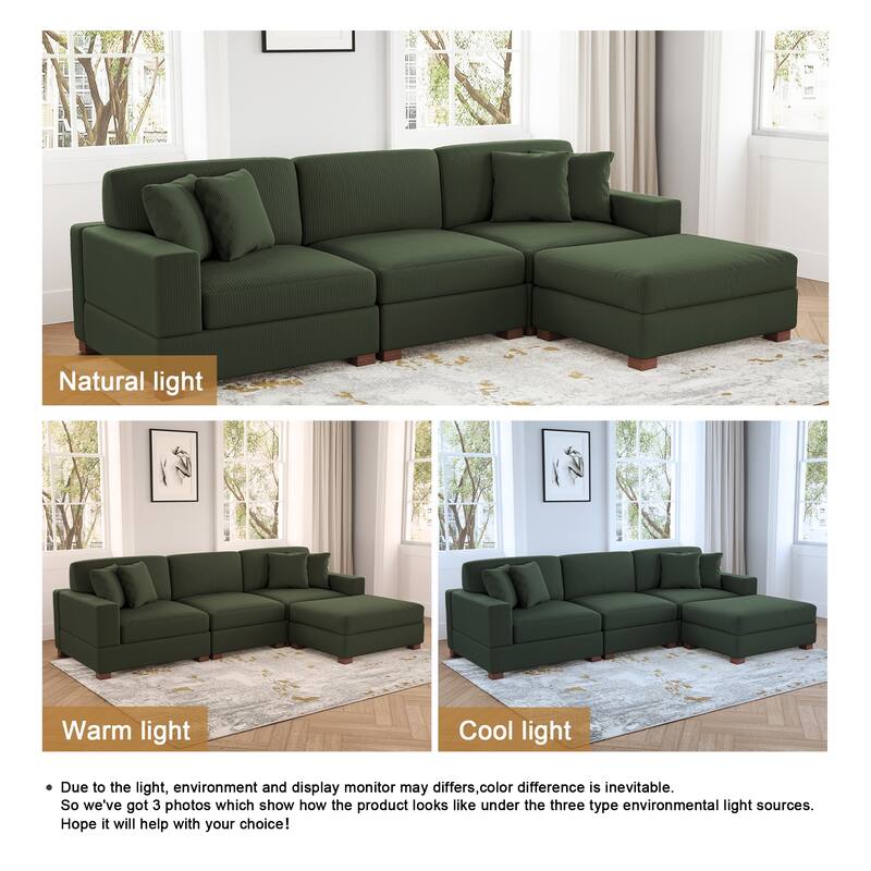 Ella 82" W/ 118" W Corduroy Modular Sectional Sofa with Ottoman
