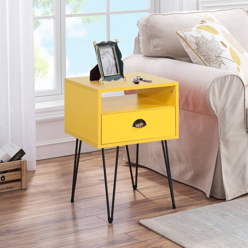 VECELO Mid Century Modern Nightstand with Drawer Open Shelf V-Shaped Metal Legs End Table for Bedroom Living Room - Yellow