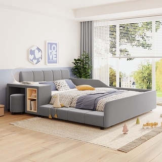 Full Size Velvet Upholstered Platform Bed w/ Bedside Desk