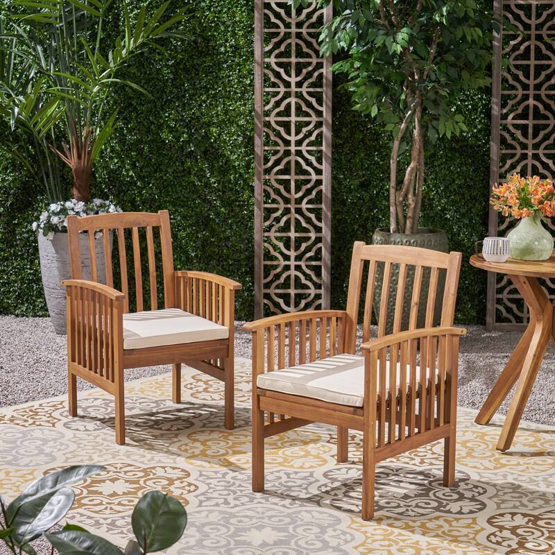 Roomfitters 2-Piece Acacia Wood Dining Chairs with Water-Resistant Cushions, Rustic Modern Outdoor Seating