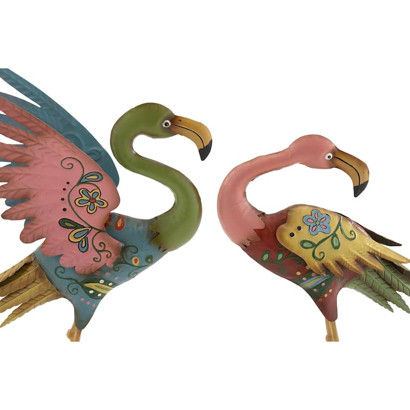 Metal Flamingo Indoor Outdoor Embossed Standing Decorative Garden Sculpture - Set of 2 Multi Colored - Roche River Decor
