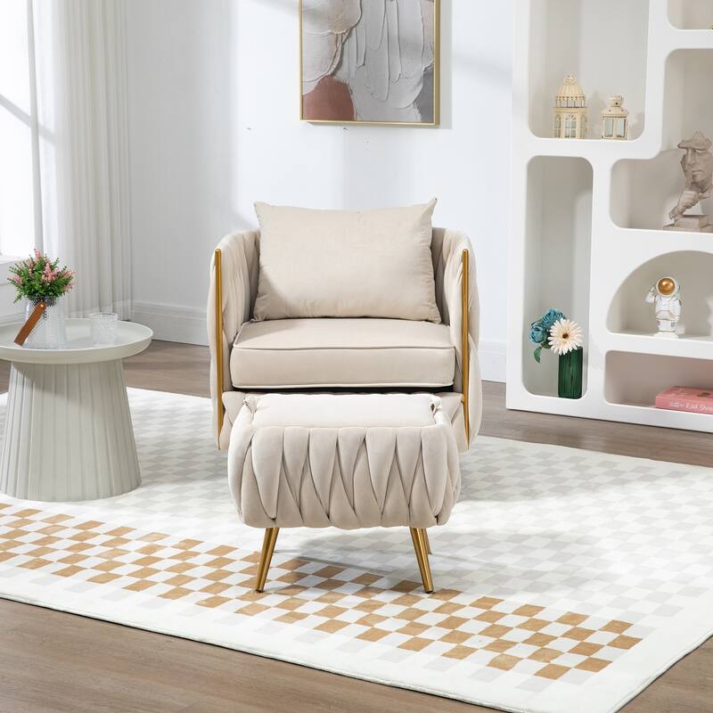 Accent Chair with Storage Ottoman, Modern Hand Woven Vanity Chair (Pink)