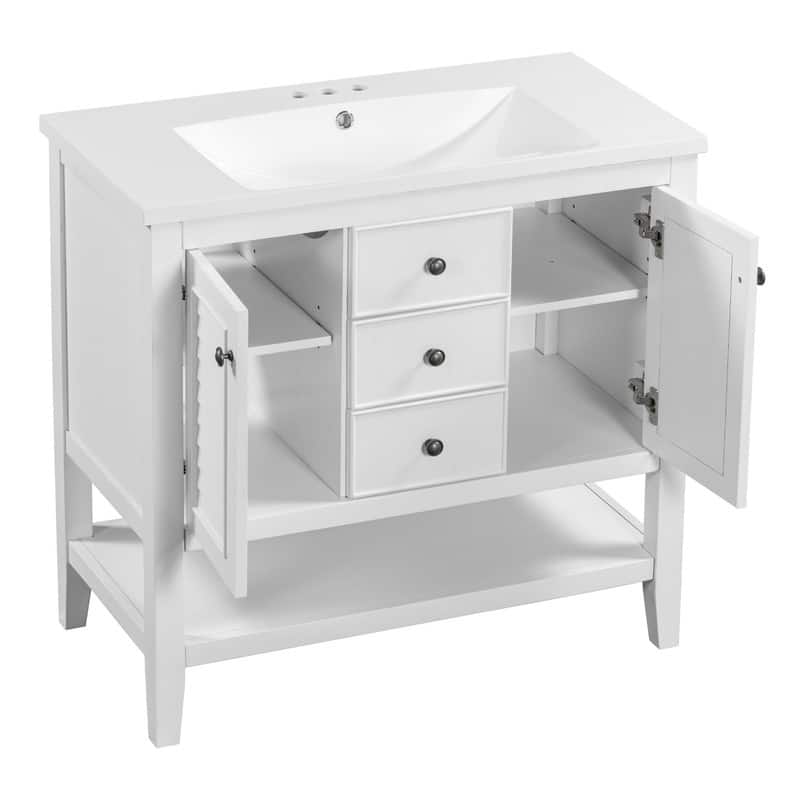 36" Bathroom Vanity with/without Sink, Bathroom Vanity Cabinet with 2 Cabinets and Drawers, Open Shelf, Solid Wood Frame