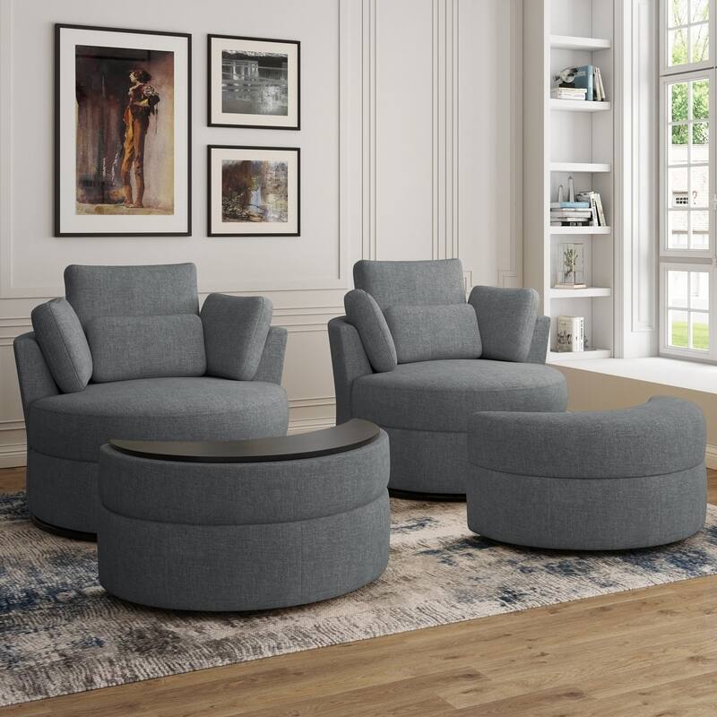 Chenille/Boucle Swivel Barrel Chair with Storage Ottoman - Chair Ottoman 2 Set - CHENILLE/GREY/Set