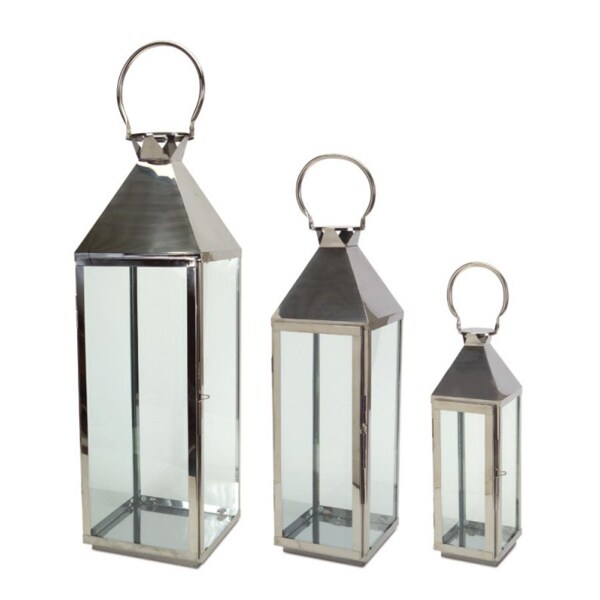 Large Glossy Black Metal Lantern Glass Panels Centerpiece Pillar Candle Lamp 