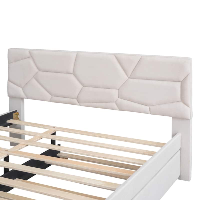 Queen Linen Platform Bed with Trundle and Brick Headboard