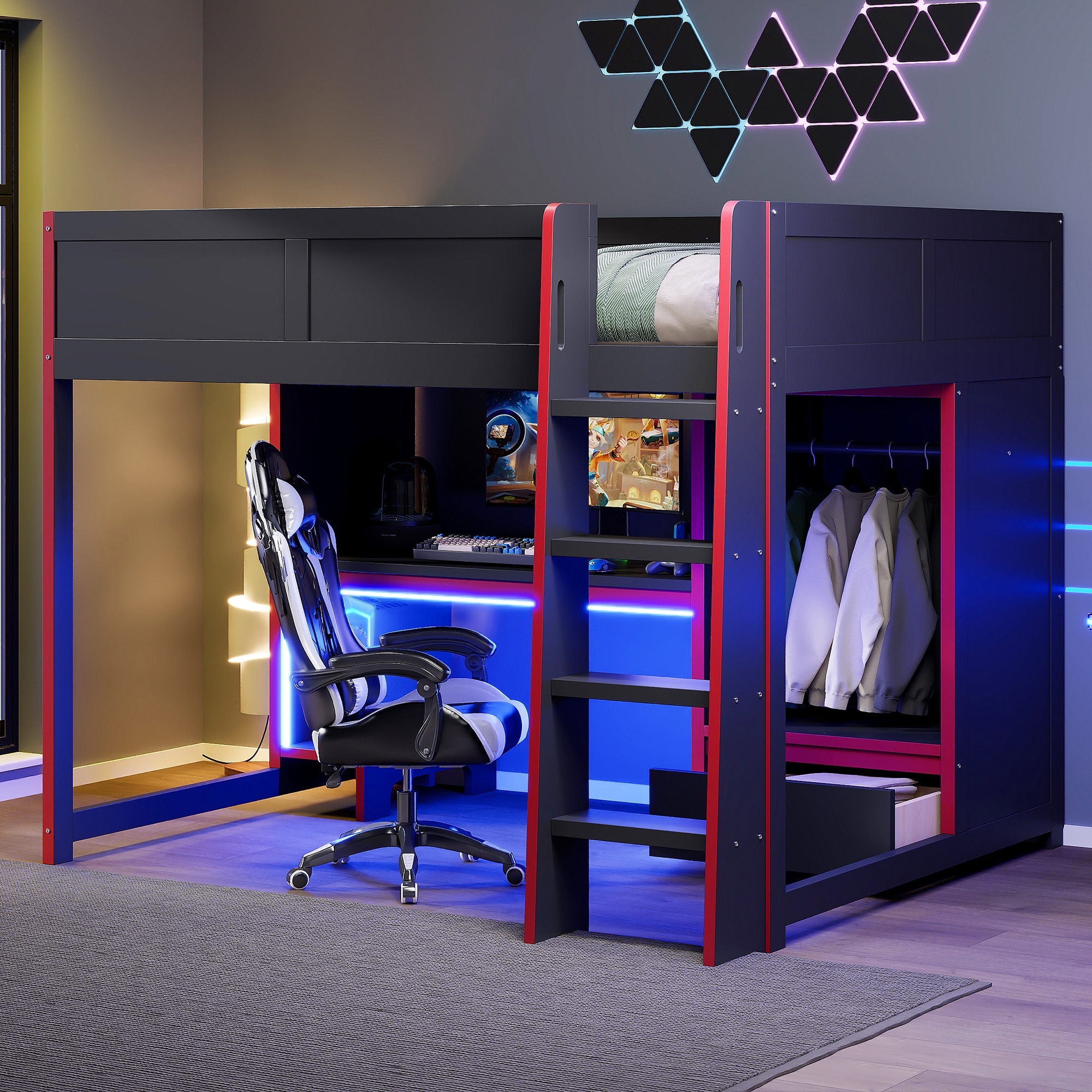Wood Gaming Loft Bed with Built-In Desk, LED Lights, Wardrobe, and Drawer by Harper&Bright Designs