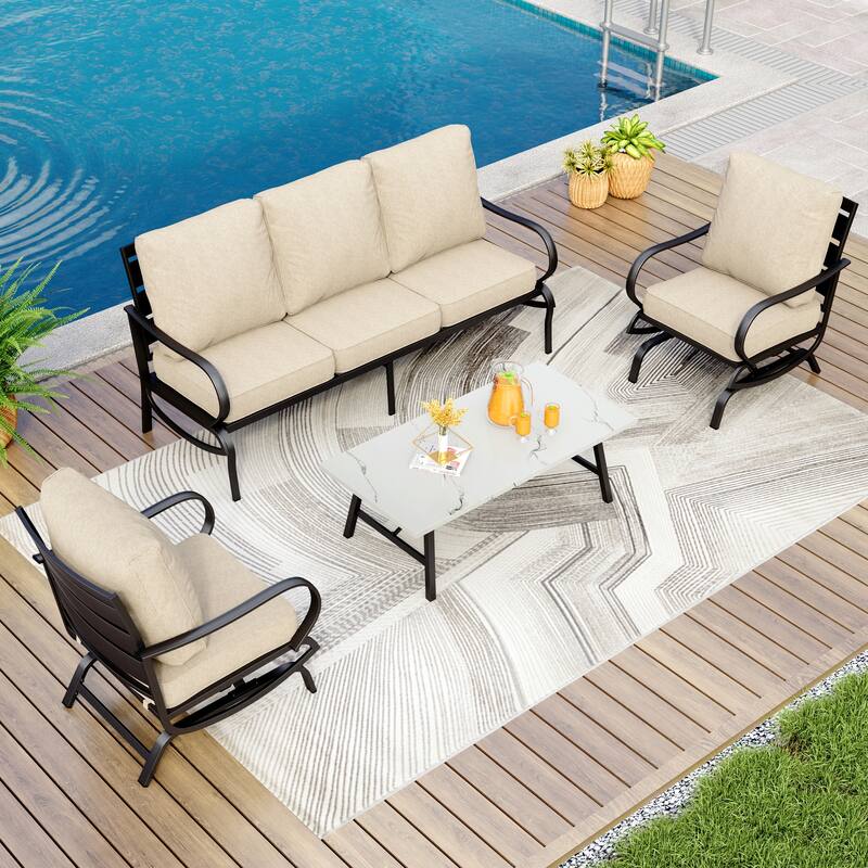 MAISON ARTS 5/7/9-Seat Patio Conversation Set, Outdoor Sofa Set with Single Sofa Chairs, 3-Seater Sofa, Ottoman and Coffee Table - 4-Piece - Set 3-Rocking Chairs