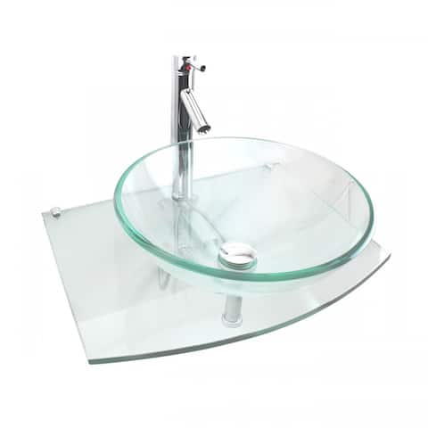 Glass Wall Mounted Bathroom Sink 23.5" Clear Tempered Glass Round Vessel Sink with Chrome Faucet and Drain Renovators Supply