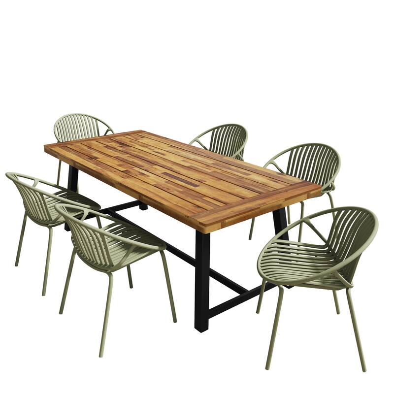 Roomfitters Outdoor Expandable Dining Set 7 Piece Acacia Wood Table Stackable Chairs - Green,Teak+ Black