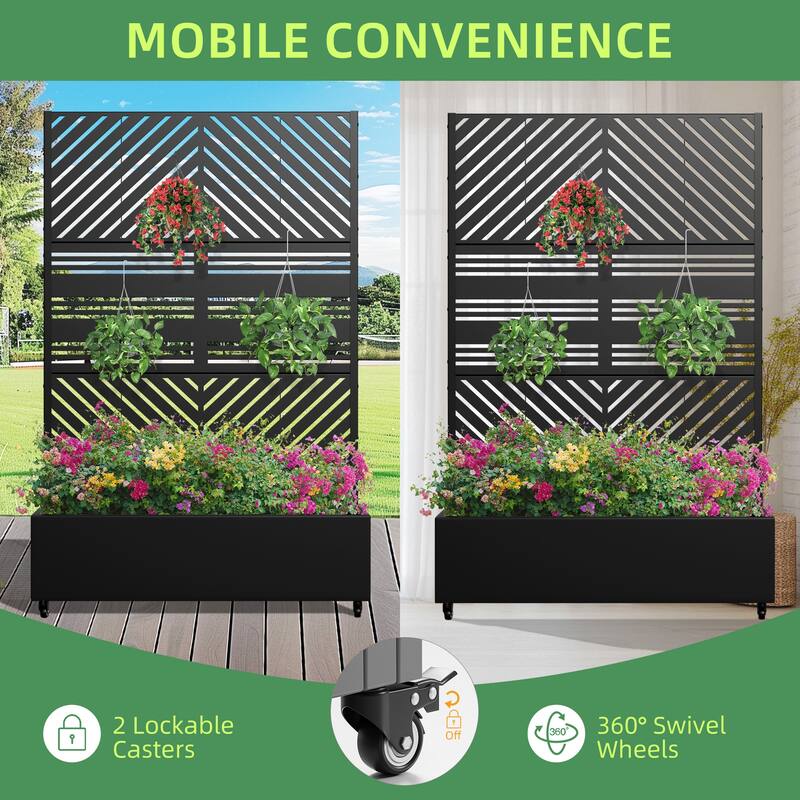 Metal Movable Planter Box with Trellis Privacy Screen Planter Box with Lockable Wheels