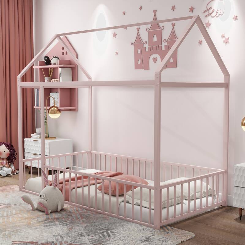 Twin Size Metal Bed House Bed Frame with Fence