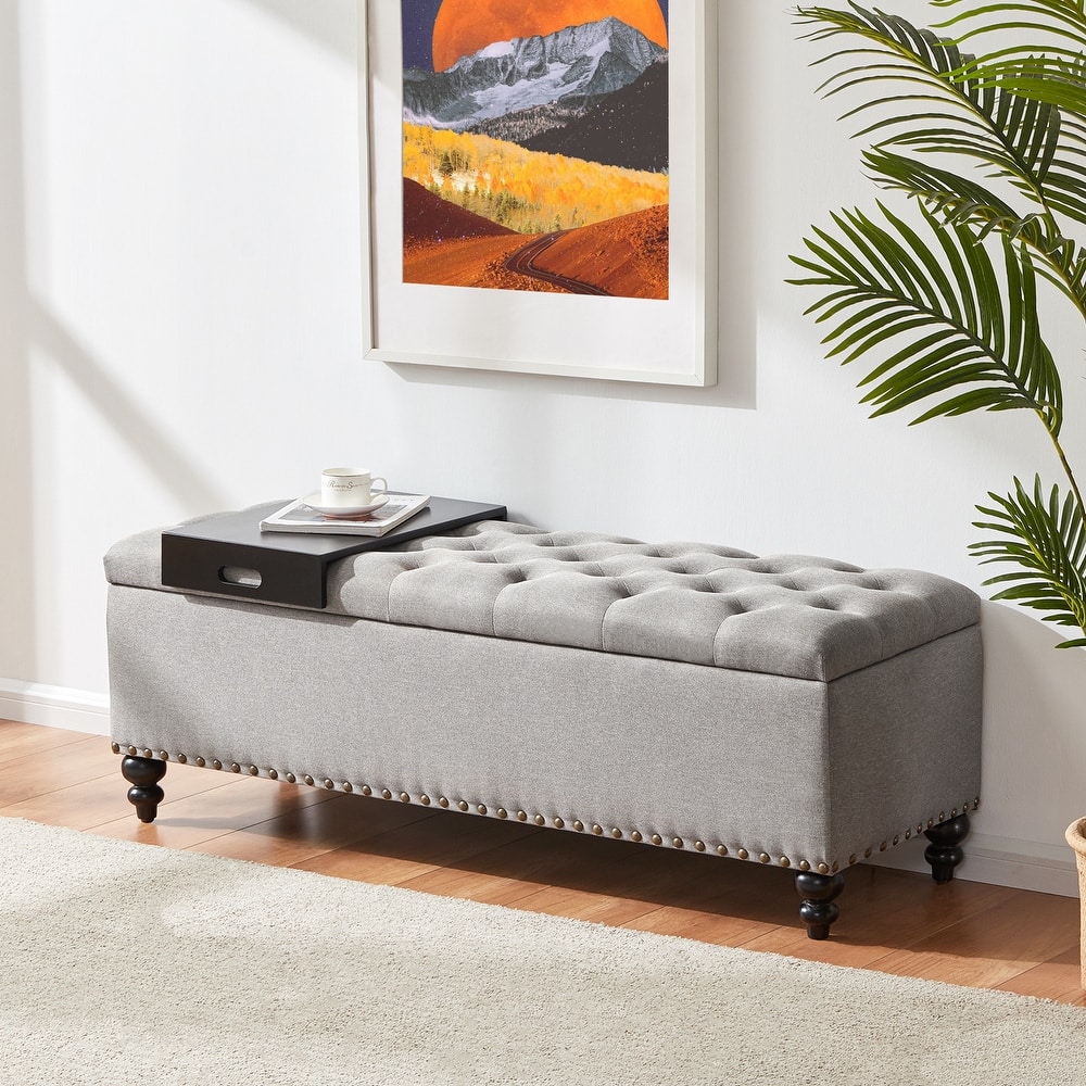 50-inch Button-Tufted Storage Bench Ottoman with Removable Tray for Living Room Bottom rivets design
