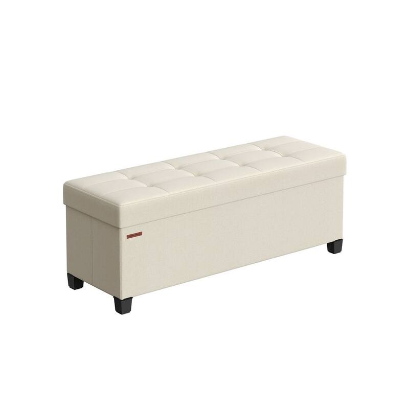 Fabric Upholstered 43" Wide Small Storage Ottoman with Wooden Legs and Tufted Lid