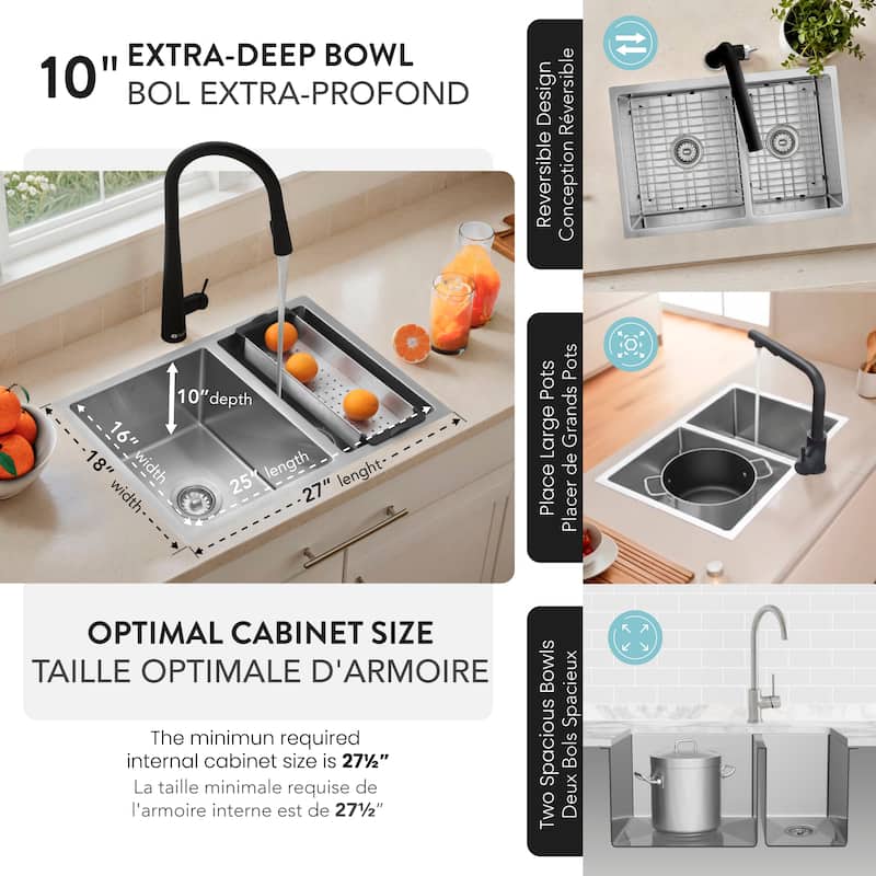 AZUNI 27 inches L x 18 inches W Double Bowl 60/40 Dual Mount 16G Reversible Kitchen Sink with Grids and Basket Strainers