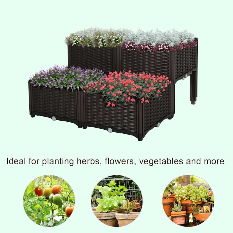 Outsunny 4-Piece Rattan Raised Garden Beds Outdoor Planter Boxes with Different Stacking Arrangements, Self-Watering Design