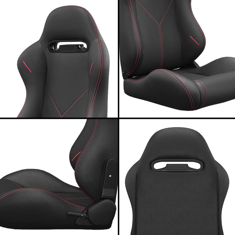 2PC Bucket Racing Seats Red Stitch Red Reclinable Leather Back,Adjustor Slider,Not Including Seat Bracket,1 box of 2 pieces